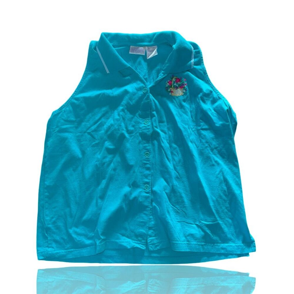 Vintage Sleeveless Turquoise Floral Embroidered Button-Up Shirt Womens XL
